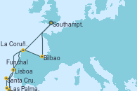 Visitando Southampton (Inglaterra), Bilbao (España), Lisboa (Portugal), Las Palmas de Gran Canaria (España), Santa Cruz de Tenerife (España), Funchal (Madeira), La Coruña (Galicia/España), Southampton (Inglaterra)