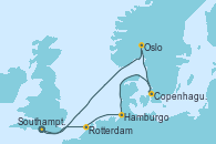 Visitando Southampton (Inglaterra), Oslo (Noruega), Copenhague (Dinamarca), Hamburgo (Alemania), Rotterdam (Holanda), Southampton (Inglaterra)