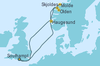Visitando Southampton (Inglaterra), Molde (Noruega), Skjolden (Noruega), Olden (Noruega), Haugesund (Noruega), Southampton (Inglaterra)