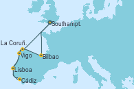 Visitando Southampton (Inglaterra), Bilbao (España), Cádiz (España), Lisboa (Portugal), Vigo (España), La Coruña (Galicia/España), Southampton (Inglaterra)