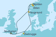 Visitando Southampton (Inglaterra), Zeebrugge (Bruselas), Skjolden (Noruega), Olden (Noruega), Haugesund (Noruega), Southampton (Inglaterra)