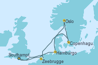 Visitando Southampton (Inglaterra), Hamburgo (Alemania), Oslo (Noruega), Copenhague (Dinamarca), Zeebrugge (Bruselas), Southampton (Inglaterra)
