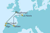 Visitando Southampton (Inglaterra), Le Havre (Francia), Bilbao (España), La Coruña (Galicia/España), Vigo (España), Southampton (Inglaterra)