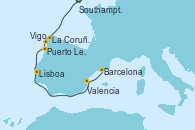 Visitando Southampton (Inglaterra), La Coruña (Galicia/España), Vigo (España), Puerto Leixões (Portugal), Lisboa (Portugal), Valencia, Barcelona