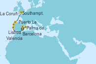 Visitando Barcelona, Palma de Mallorca (España), Valencia, Lisboa (Portugal), Puerto Leixões (Portugal), La Coruña (Galicia/España), Southampton (Inglaterra)