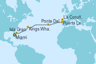 Visitando Miami (Florida/EEUU), Isla Gran Bahama (Florida/EEUU), Kings Wharf (Bermudas), Ponta Delgada (Azores), Puerto Leixões (Portugal), La Coruña (Galicia/España)