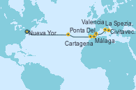 Visitando Nueva York (Estados Unidos), Ponta Delgada (Azores), Málaga, Cartagena (Murcia), Valencia, La Spezia, Florencia y Pisa (Italia), Civitavecchia (Roma)