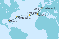 Visitando Miami (Florida/EEUU), Kings Wharf (Bermudas), Ponta Delgada (Azores), Lisboa (Portugal), Lisboa (Portugal), Vigo (España), Southampton (Inglaterra)