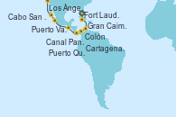 Visitando Fort Lauderdale (Florida/EEUU), Gran Caimán (Islas Caimán), Cartagena de Indias (Colombia), Colón (Panamá), Canal Panamá, Puerto Quetzal (Guatemala), Puerto Vallarta (México), Cabo San Lucas (México), Los Ángeles (California)