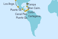 Visitando Tampa (Florida), Gran Caimán (Islas Caimán), Cartagena de Indias (Colombia), Colón (Panamá), Canal Panamá, Puerto Quetzal (Guatemala), Puerto Vallarta (México), Los Ángeles (California)