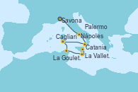 Visitando Savona (Italia), Nápoles (Italia), Palermo (Italia), Cagliari (Cerdeña), La Goulette (Tunez), La Valletta (Malta), Catania (Sicilia)