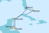 Visitando Miami (Florida/EEUU), Roatán (Honduras), Harvest Caye (Belize), Cozumel (México), Nassau (Bahamas), Miami (Florida/EEUU)
