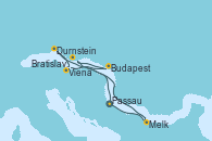 Visitando Passau (Alemania), Durnstein (Austria), Viena (Austria), Budapest (Hungría), Budapest (Hungría), Bratislava (Eslovaquia), Melk (Austria), Passau (Alemania)