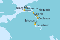 Visitando Ámsterdam (Holanda), Ámsterdam (Holanda), Nimega (Países Bajos), Colonia (Alemania), Coblenza (Alemania), Rudesheim (Alemania), Estrasburgo (Francia), Maguncia (Alemania)