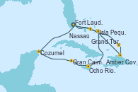 Visitando Fort Lauderdale (Florida/EEUU), Cozumel (México), Gran Caimán (Islas Caimán), Ocho Ríos (Jamaica), Isla Pequeña (San Salvador/Bahamas), Fort Lauderdale (Florida/EEUU), Nassau (Bahamas), Grand Turks(Turks & Caicos), Amber Cove (República Dominicana), Isla Pequeña (San Salvador/Bahamas), Fort Lauderdale (Florida/EEUU)