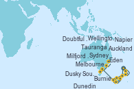Visitando Auckland (Nueva Zelanda), Tauranga (Nueva Zelanda), Napier (Nueva Zelanda), Wellington (Nueva Zelanda), Dunedin (Nueva Zelanda), Milfjord Sound (Nueva Zelanda), Doubtful Sound (Nueva Zelanda), Dusky Sound (Nueva Zelanda), Melbourne (Australia), Burnie (Tasmania/Australia), Eden (Nueva Gales), Sydney (Australia)