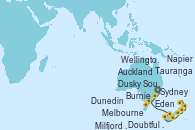 Visitando Sydney (Australia), Eden (Nueva Gales), Burnie (Tasmania/Australia), Melbourne (Australia), Milfjord Sound (Nueva Zelanda), Doubtful Sound (Nueva Zelanda), Dusky Sound (Nueva Zelanda), Dunedin (Nueva Zelanda), Wellington (Nueva Zelanda), Napier (Nueva Zelanda), Tauranga (Nueva Zelanda), Auckland (Nueva Zelanda)