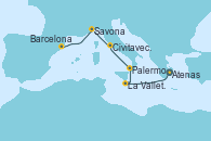 Visitando Atenas (Grecia), La Valletta (Malta), Palermo (Italia), Civitavecchia (Roma), Savona (Italia), Barcelona