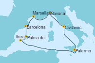 Visitando Savona (Italia), Marsella (Francia), Barcelona, Palma de Mallorca (España), Ibiza (España), Palermo (Italia), Civitavecchia (Roma), Savona (Italia)