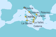 Visitando Savona (Italia), Civitavecchia (Roma), Palermo (Italia), Cagliari (Cerdeña), La Goulette (Tunez), La Valletta (Malta), Catania (Sicilia), Taranto (Italia)