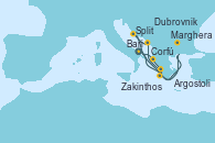 Visitando Bari (Italia), Corfú (Grecia), Zakinthos (Grecia), Argostoli (Grecia), Dubrovnik (Croacia), Split (Croacia), Marghera (Venecia/Italia), Bari (Italia)