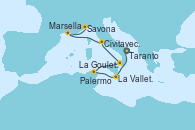 Visitando Taranto (Italia), La Valletta (Malta), La Goulette (Tunez), Palermo (Italia), Civitavecchia (Roma), Marsella (Francia), Savona (Italia)