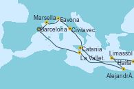 Visitando Barcelona, Marsella (Francia), Savona (Italia), Civitavecchia (Roma), Catania (Sicilia), Haifa (Israel), Limassol (Chipre), Alejandría (Egipto), La Valletta (Malta), Barcelona