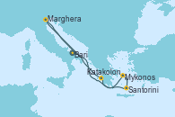 Visitando Bari (Italia), Mykonos (Grecia), Santorini (Grecia), Katakolon (Olimpia/Grecia), Marghera (Venecia/Italia), Bari (Italia)