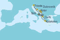 Visitando Bari (Italia), Kotor (Montenegro), Corfú (Grecia), Katakolon (Olimpia/Grecia), Dubrovnik (Croacia), Split (Croacia), Trieste (Italia), Bari (Italia)