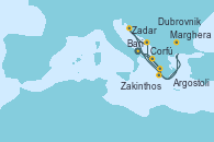 Visitando Bari (Italia), Corfú (Grecia), Zakinthos (Grecia), Argostoli (Grecia), Dubrovnik (Croacia), Zadar (Croacia), Marghera (Venecia/Italia), Bari (Italia)