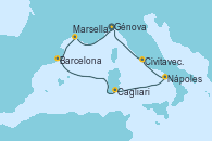 Visitando Génova (Italia), Marsella (Francia), Barcelona, Cagliari (Cerdeña), Nápoles (Italia), Civitavecchia (Roma), Génova (Italia)