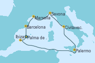 Visitando Palma de Mallorca (España), Ibiza (España), Palermo (Italia), Civitavecchia (Roma), Savona (Italia), Marsella (Francia), Barcelona, Palma de Mallorca (España)