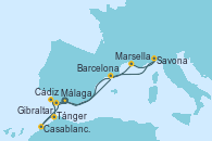 Visitando Málaga, Cádiz (España), Tánger (Marruecos), Casablanca (Marruecos), Casablanca (Marruecos), Gibraltar (Inglaterra), Barcelona, Marsella (Francia), Savona (Italia), Málaga