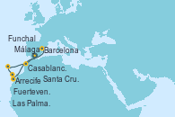 Visitando Málaga, Arrecife (Lanzarote/España), Fuerteventura (Canarias/España), Las Palmas de Gran Canaria (España), Santa Cruz de Tenerife (España), Funchal (Madeira), Casablanca (Marruecos), Barcelona
