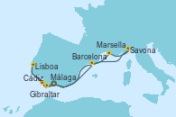 Visitando Málaga, Cádiz (España), Lisboa (Portugal), Lisboa (Portugal), Gibraltar (Inglaterra), Barcelona, Marsella (Francia), Savona (Italia), Málaga