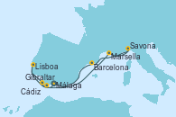 Visitando Málaga, Marsella (Francia), Savona (Italia), Barcelona, Gibraltar (Inglaterra), Lisboa (Portugal), Lisboa (Portugal), Cádiz (España), Málaga