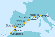 Visitando Málaga, Tánger (Marruecos), Casablanca (Marruecos), Gibraltar (Inglaterra), Valencia, Barcelona, Marsella (Francia), Savona (Italia), Málaga
