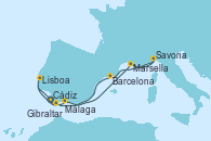 Visitando Cádiz (España), Málaga, Marsella (Francia), Savona (Italia), Barcelona, Gibraltar (Inglaterra), Lisboa (Portugal), Lisboa (Portugal), Cádiz (España)