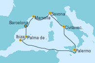 Visitando Barcelona, Palma de Mallorca (España), Ibiza (España), Palermo (Italia), Civitavecchia (Roma), Savona (Italia), Marsella (Francia), Barcelona