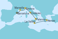 Visitando Barcelona, Marsella (Francia), Savona (Italia), Civitavecchia (Roma), Palermo (Italia), La Valletta (Malta), Atenas (Grecia)