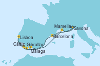 Visitando Savona (Italia), Barcelona, Gibraltar (Inglaterra), Lisboa (Portugal), Lisboa (Portugal), Cádiz (España), Málaga, Marsella (Francia), Savona (Italia)