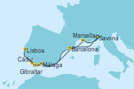 Visitando Savona (Italia), Málaga, Cádiz (España), Lisboa (Portugal), Lisboa (Portugal), Gibraltar (Inglaterra), Barcelona, Marsella (Francia), Savona (Italia)