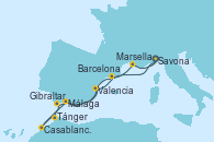 Visitando Savona (Italia), Málaga, Tánger (Marruecos), Casablanca (Marruecos), Gibraltar (Inglaterra), Valencia, Barcelona, Marsella (Francia), Savona (Italia)