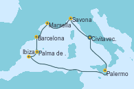 Visitando Civitavecchia (Roma), Savona (Italia), Marsella (Francia), Barcelona, Palma de Mallorca (España), Ibiza (España), Palermo (Italia), Civitavecchia (Roma)
