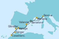 Visitando Barcelona, Marsella (Francia), Savona (Italia), Málaga, Tánger (Marruecos), Casablanca (Marruecos), Gibraltar (Inglaterra), Valencia, Barcelona