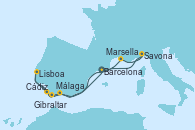 Visitando Barcelona, Marsella (Francia), Savona (Italia), Málaga, Cádiz (España), Lisboa (Portugal), Lisboa (Portugal), Gibraltar (Inglaterra), Barcelona