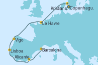 Visitando Copenhague (Dinamarca), Kristiansand (Noruega), Le Havre (Francia), Vigo (España), Lisboa (Portugal), Alicante (España), Barcelona