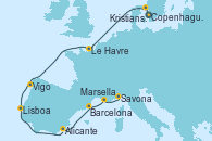 Visitando Copenhague (Dinamarca), Kristiansand (Noruega), Le Havre (Francia), Vigo (España), Lisboa (Portugal), Alicante (España), Barcelona, Marsella (Francia), Savona (Italia)
