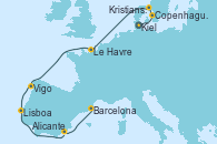 Visitando Kiel (Alemania), Copenhague (Dinamarca), Kristiansand (Noruega), Le Havre (Francia), Vigo (España), Lisboa (Portugal), Alicante (España), Barcelona