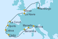 Visitando Hamburgo (Alemania), Dover (Inglaterra), Le Havre (Francia), La Coruña (Galicia/España), Oporto (Portugal), Lisboa (Portugal), Cádiz (España), Barcelona, Marsella (Francia), Génova (Italia)